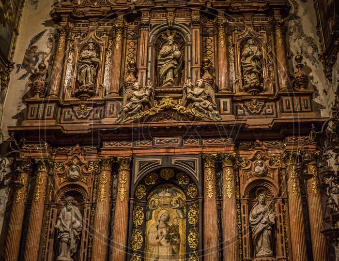 Seville, Spain- June 18, 2017: A Prayer Area Inside The  Gothic Cathedral In Seville, Spain June 2017