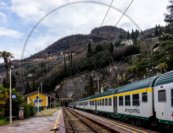 Varenna, Italy- March 31, 2018: Treinitalia Trenord Train At Varenna, Italy