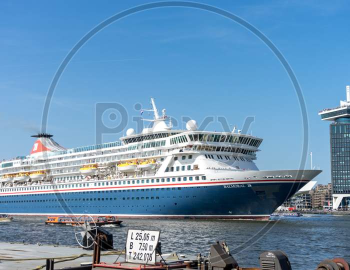 Netherlands,Amsterdam - 21 April 2017:  Balmoral Cruise Ship At The Port Of Amsterdam