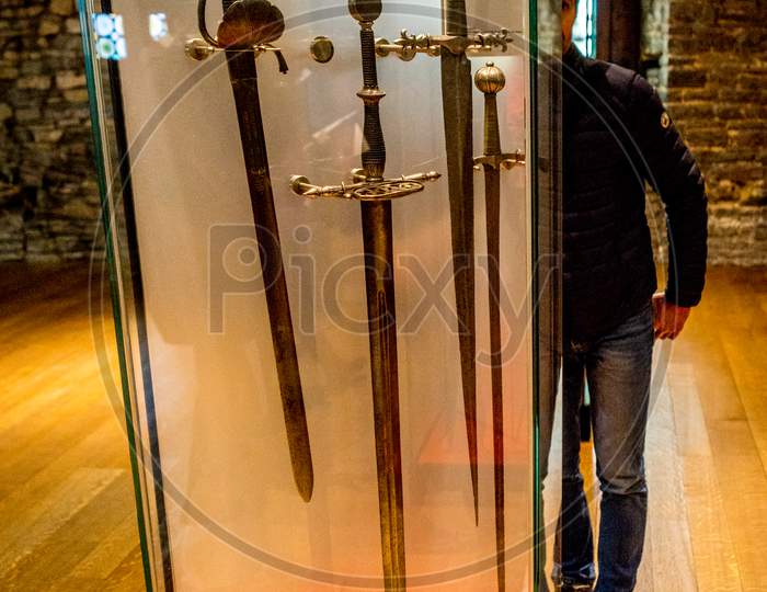 Ghent Belgium - April 15 : Medieval Weapon Displayed In The Musuem Inside Gravensteen Castle In Ghent, Belgium