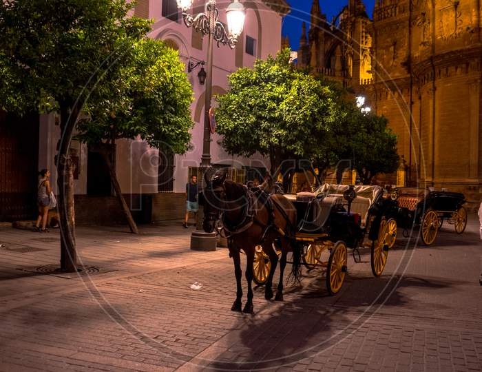 A Horse Carriage At Night In Seville, Spain, Europe