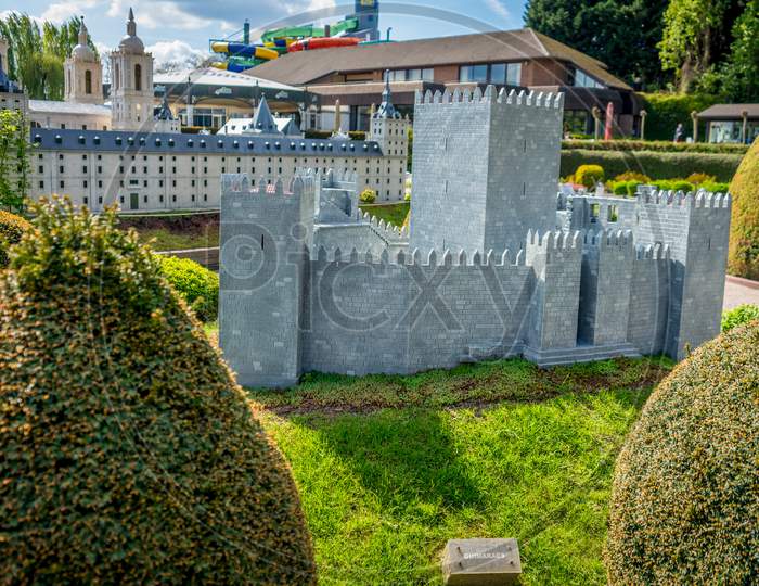 Brussels, Belgium - 17 April 2017: Miniatures At The Park Mini-Europe - Reproduction Of The Castle Of Guimaraes, Portugal