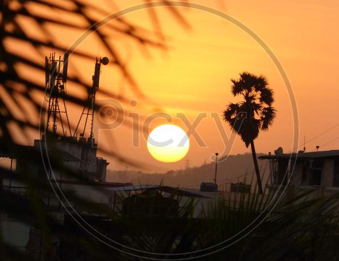 sunset behind the mountain surronded with coconut tree