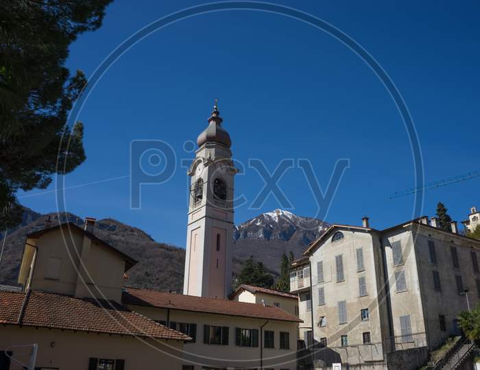 Menaggio, Italy-April 2, 2018: Church Tower At Menaggio, Lombardy