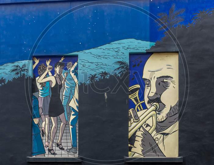 Brussels, Belgium - April 17 :  A Blue Fresco Of An Jazz Saxophone Event The Walls Of A Building At Brussels, Belgium, Europe On April 17.