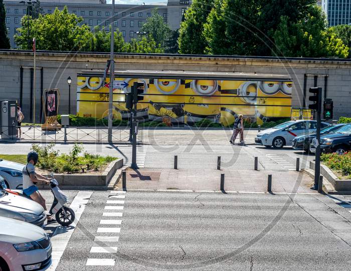 Madrid, Spain - June 17 : Minions Painted Next To The Traffic Signal In Madrid, Spain, Europe On June 17, 2017.