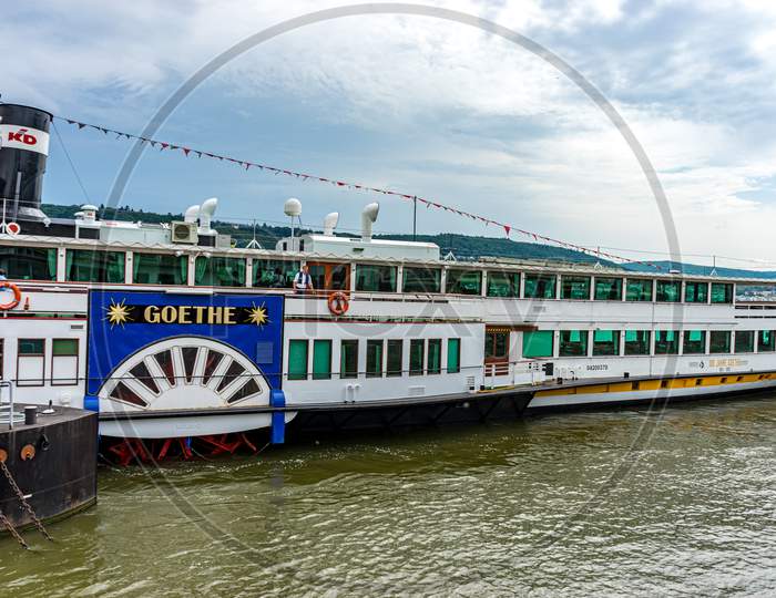 Frankfurt, Germany - 27Th May 2018: Goethe Cruise Boat On The Romantic Rhine River