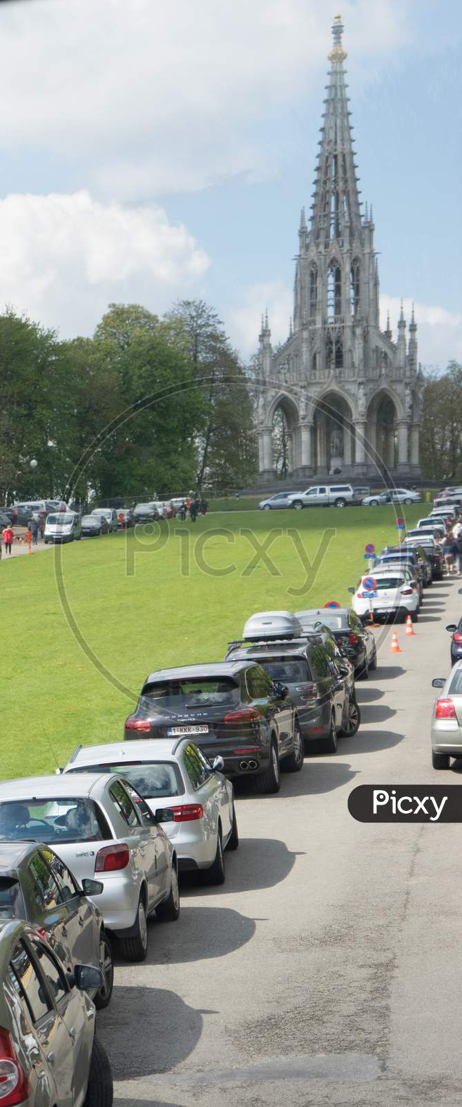 Brussels, Belgium - April 17 : Cars Parked In Front Of The Monument Of The King Leopold I In The Neo-Gothic Style In Laeken Park On April 17, 2017