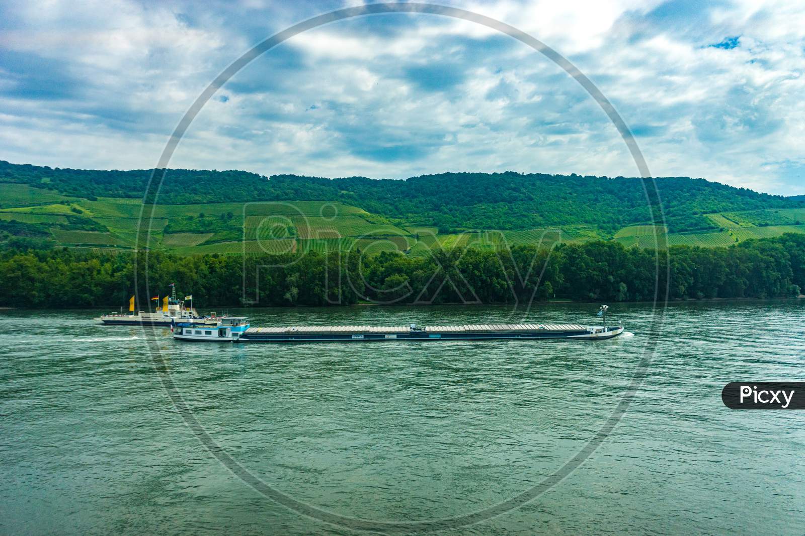 Frankfurt, Germany - 27Th May 2018: Dintel Carrier Boat And Cruise Boat On The Rhine River