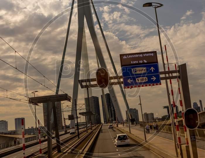 Rotterdam, Netherlands - 27 May:  Erasmus Bridge At Rotterdam On 27 May 2017. Rotterdam Is A Major Port City In The Dutch Province Of South Holland