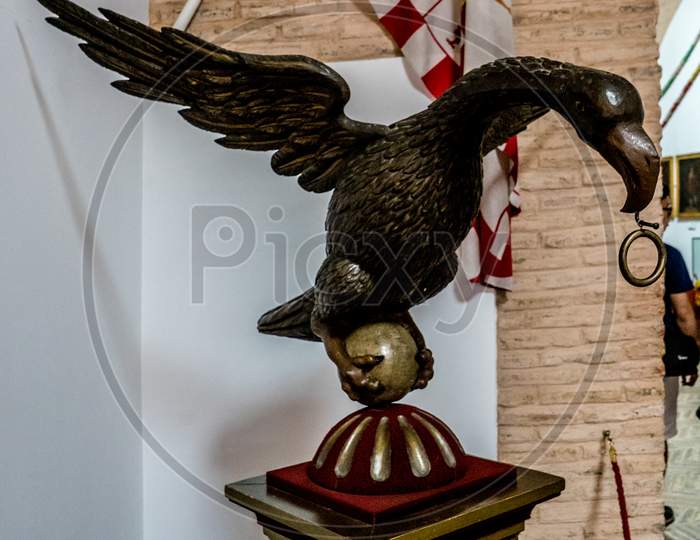 Seville, Spain- June 18, 2017:  A Statue Of An Eagle Is Placed Inside The Bull Fighting Ring In Seville, Spain June 2017, Europe