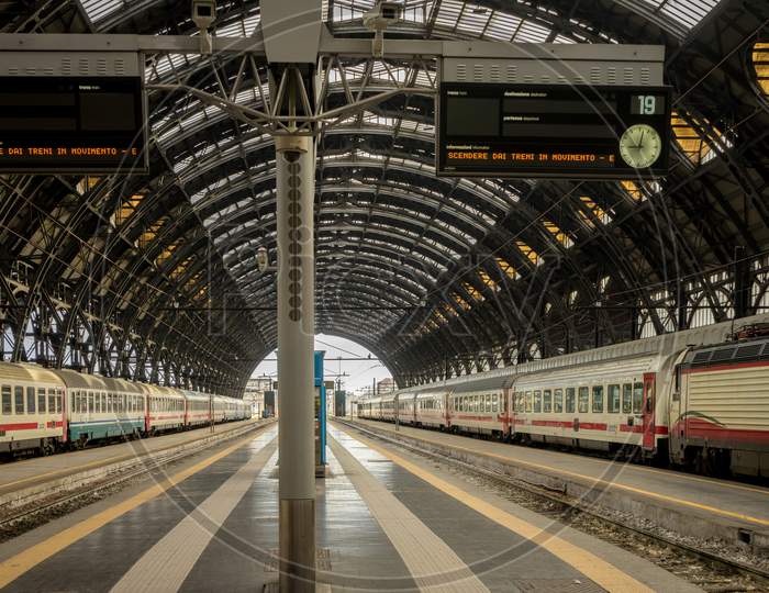 Milan Central Station - March 31: The Platform Of Milan Central Railway Station On March 31, 2018 In Milan, Italy. The Milan Railway Station Is The Largest Train Station In Europe By Volume