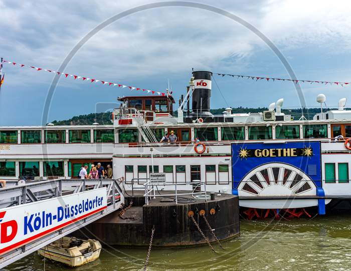 Germany, Rhine Romantic Cruise, A Large Ship In The Water