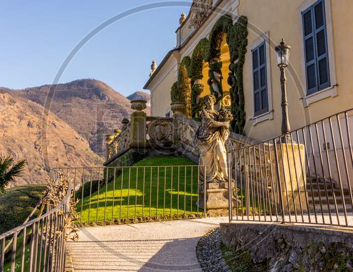 Lecco, Italy-April 1, 2018: Balcony Arch With Creeper Decoration In The Famous Villa Del Balbianello At Lecco, Lombardy