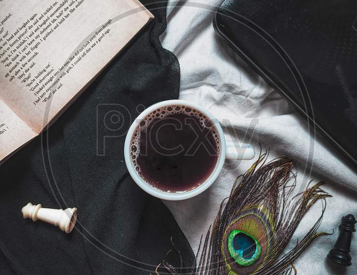 Coffee cum work table with aesthetic look, Flatlay photography
