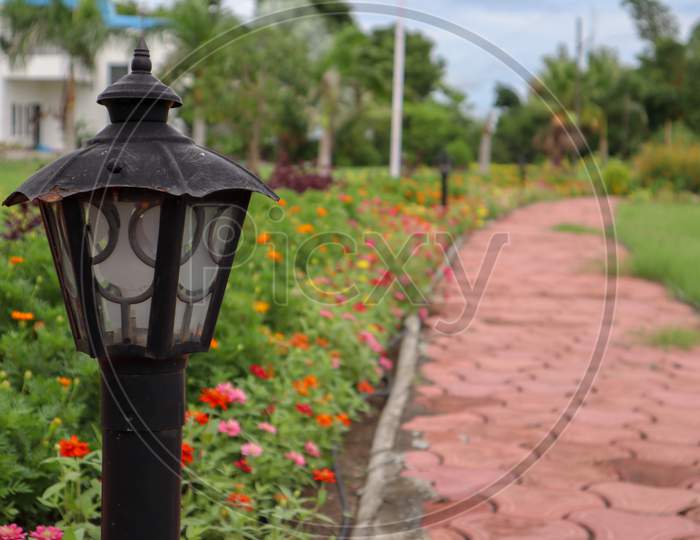 Beautiful Lamp Post To Light Up Walkway In A Garden With Colorful Flowers.