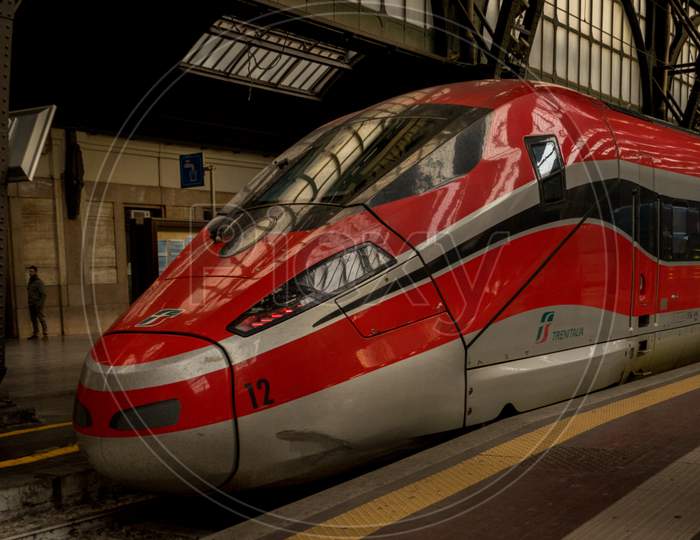 Milan Central Station - March 31: The Frecciarossa Trenitalia At Milan Central Railway Station On March 31, 2018 In Milan, Italy. The Milan Railway Station Is The Largest Train Station In Europe By Volume