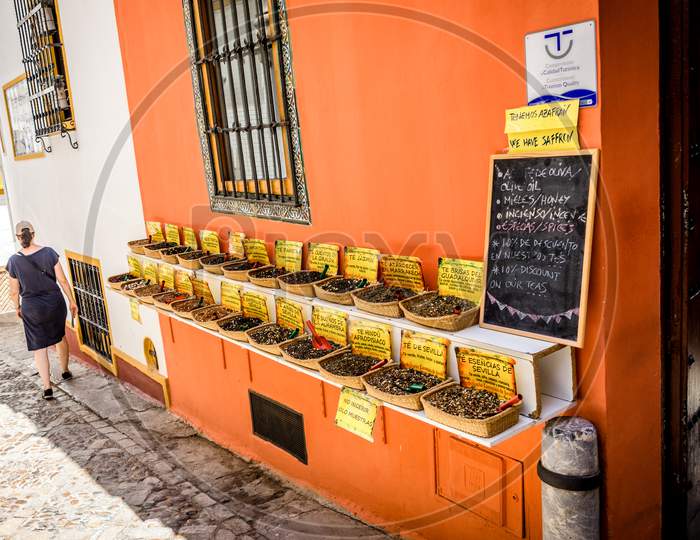 Seville, Spain- June 18, 2017 : Saffron And Other Spices Are Displayed On A Street Shop In Seville, Spain June 2017.