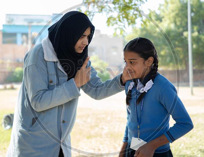 Jodhpur, Rajasthan, India - Jan 10Th 2020: Indian Schoolgirl Punished By Her Muslim Teacher With Ears Pulled Caught Outside Of School