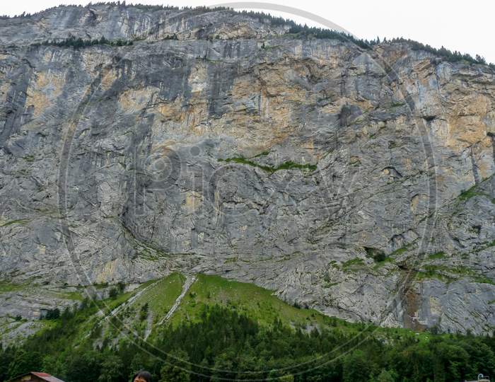 Switzerland, Lauterbrunnen, Low Angle View Of Rocky Mountains