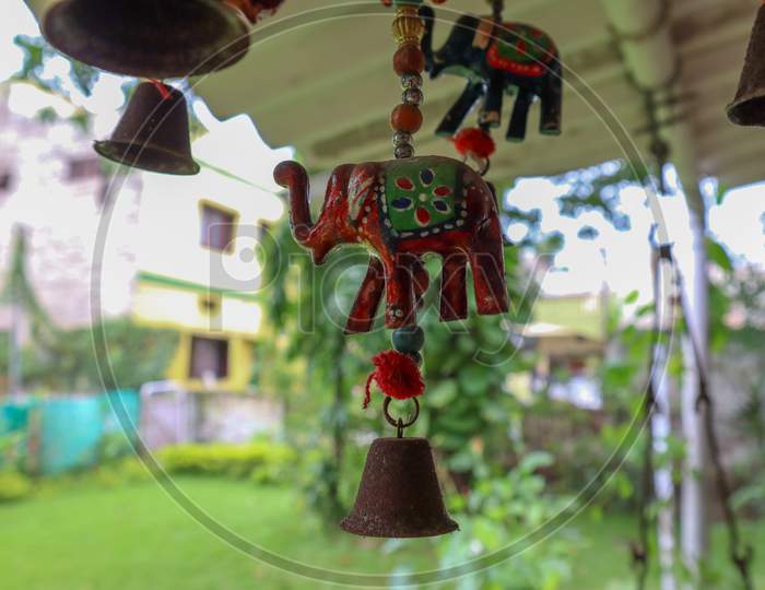 Ujjain, India - August 16Th 2020: Rajasthani Handicraft Elephants Wall/Door Hanging Showpiece With Bells For Home Decor.