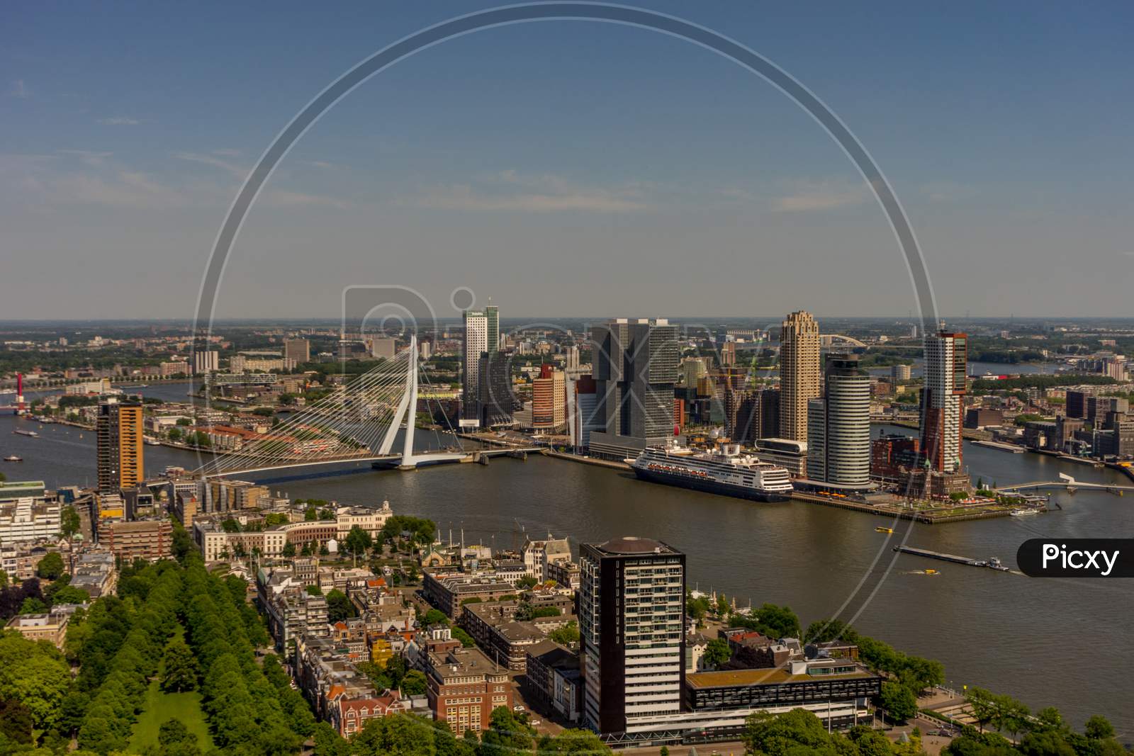 Netherlands, Rotterdam, Cityscape And Skyline Of The City With Erasmus Bridge
