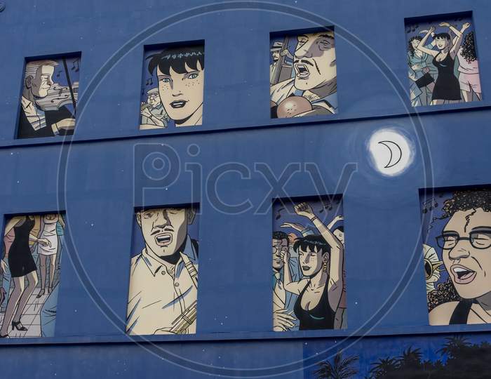 Brussels, Belgium - April 17 :  A Blue Fresco Of An Jazz Saxophone Event In A Night Club On The Walls Of A Building At Brussels, Belgium, Europe On April 17.