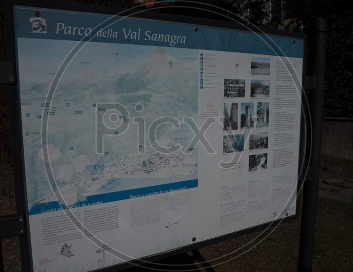 Menaggio, Italy-April 2, 2018: Map Showing Places To Be Visited At Menaggio, Parco Della Val Sanagra, Lombardy