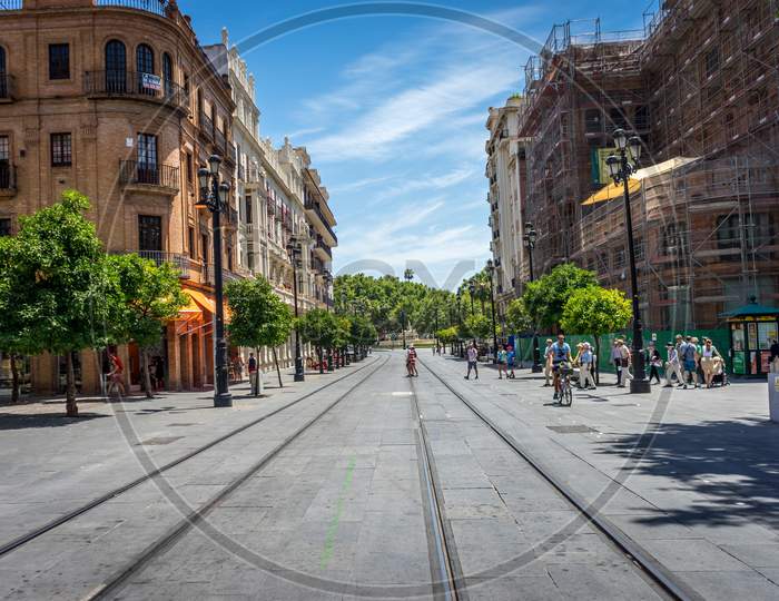 Rail Lines On The Street In Seville, Spain, Europe