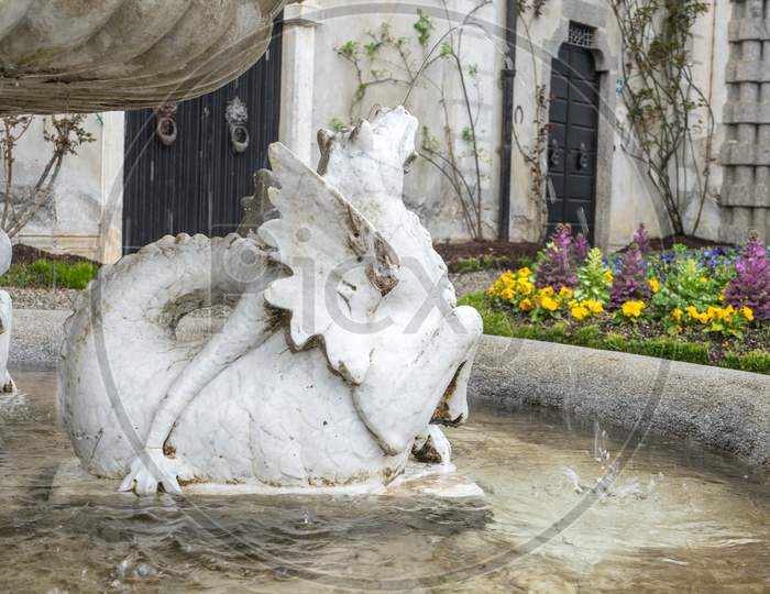 Varenna, Italy - March 31, 2018: Horse Sculpture Fountain At Gardens Of Villa Monastero