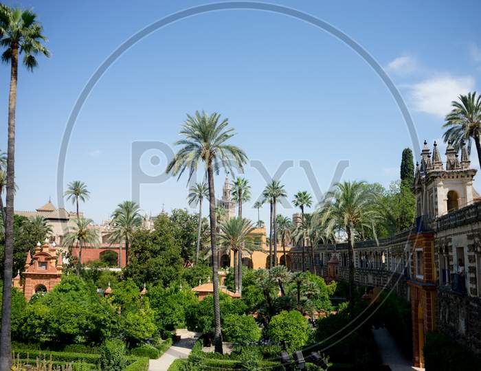 Seville, Spain - June 19: Panoramic View Of The Alcazar Garden, Seville, Spain On June 19, 2017.