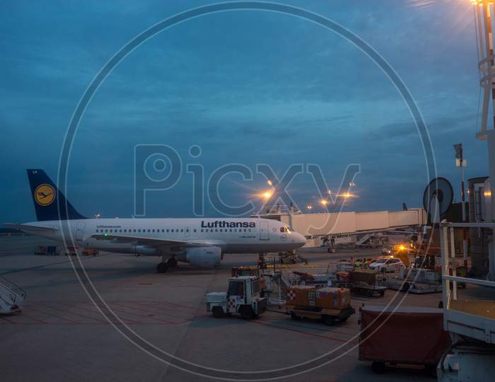 Milan Airport, Italy-April 2, 2018: Lufthansa Plane At The Milan Malpensa Airport