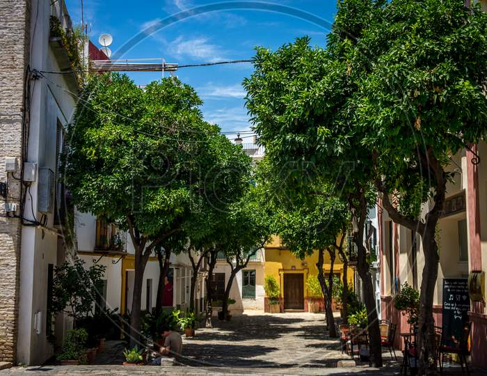 A View Of The Street In Seville On A Hot Summer Day With A Blue Sky In Spain, Europe