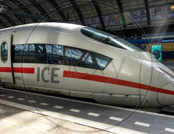 Netherlands,Amsterdam - 21 April 2017: Engine Of Ice Deutsche Bahn Train At Amsterdam Central Railway Station