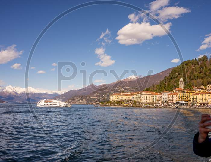 Lecco, Italy-April 1, 2018: Italy, Lecco, Lake Como, Waterside Quay Of Bellagio, Lombardy, Italy