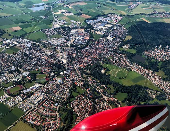 Bavarias pretty countryside during a flight in a propeller plane 27.7.2018