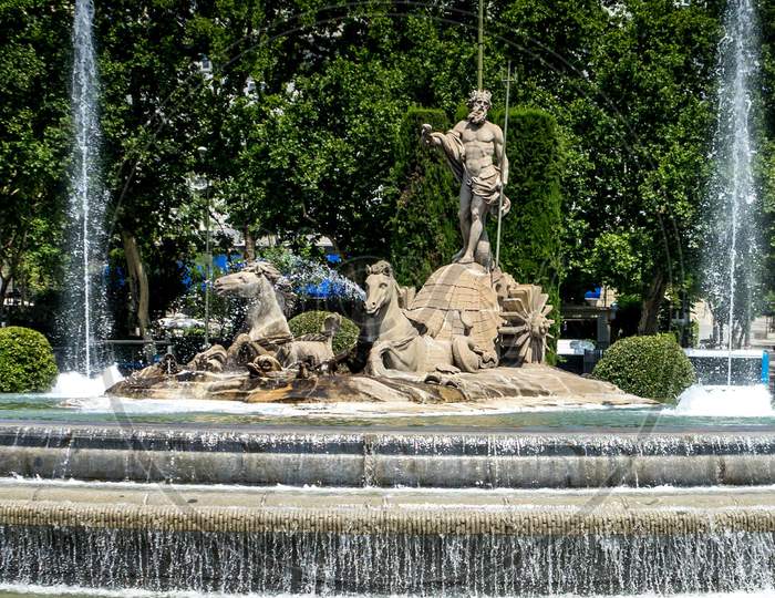Neptune Fountain Madrid Spain Spanish Canovas Del Castillo Square Paseo Del Prado