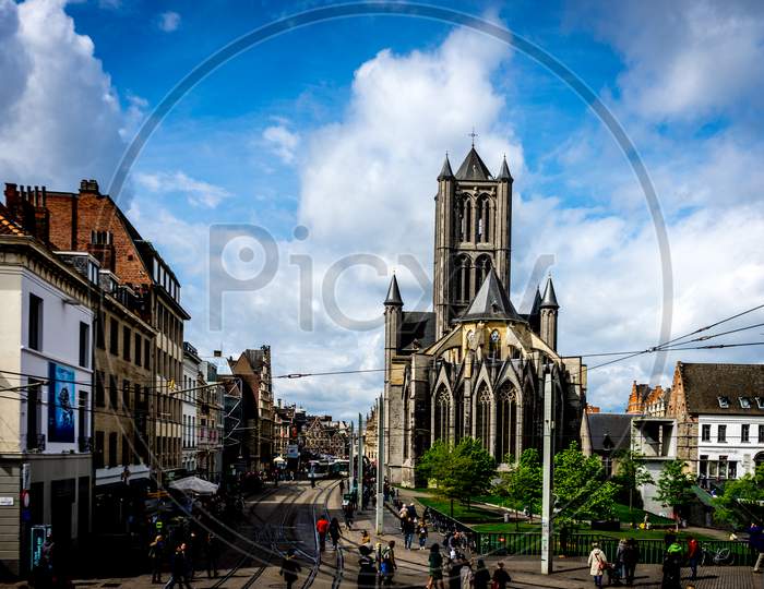 A View Of The Saint Nicholas Church, Ghent, Belgium On A Bright Summer Day