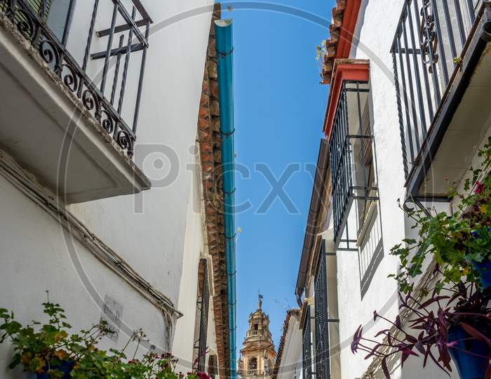 Bell Tower Viewed From The Streets Of Cordoba, Spain, Europe,Calleja De Las Flores