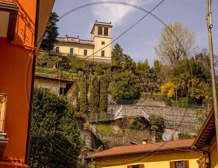 Menaggio, Italy-April 2, 2018: Terraced Houses At Menaggio, Lombardy