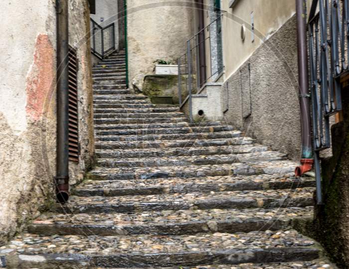 Italy, Varenna, Lake Como, A Narrow Stone Staircase Alley