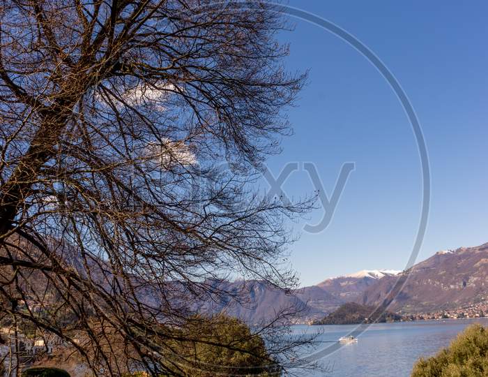 Italy, Bellagio, Lake Como, Scenic View Of Lake Against Clear Blue Sky