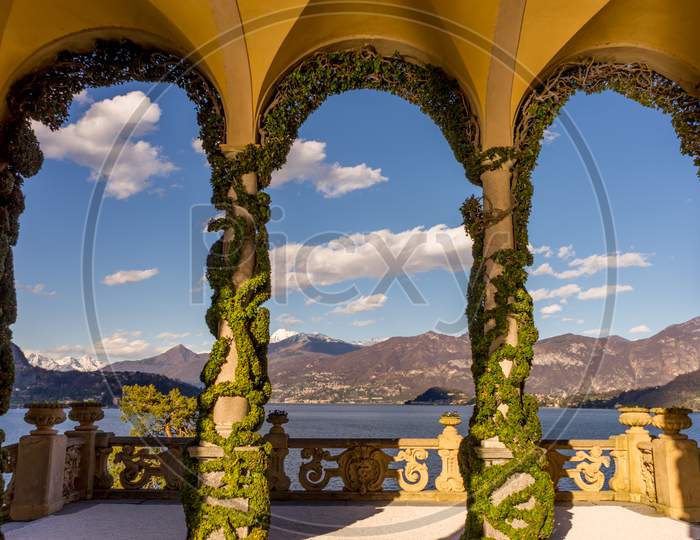 Lecco, Italy-April 1, 2018: Balcony Arch With Creeper Decoration In The Famous Villa Del Balbianello At Lecco, Lombardy