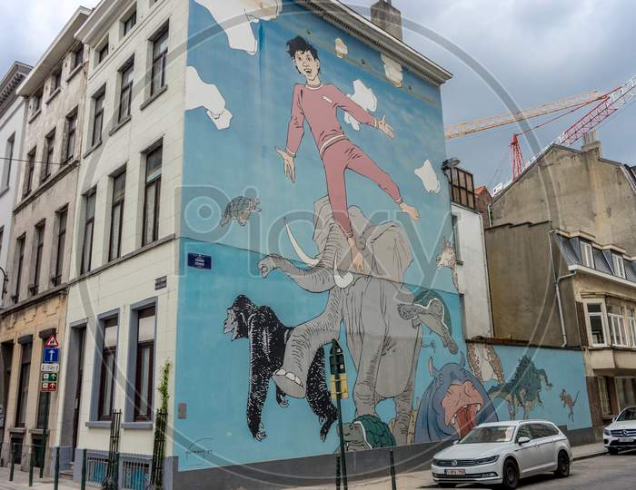 Brussels, Belgium - April 17 :  A Fresco Of An Elephant, Turtle And Ape On The Walls Of A Building At Brussels, Belgium, Europe On April 17.