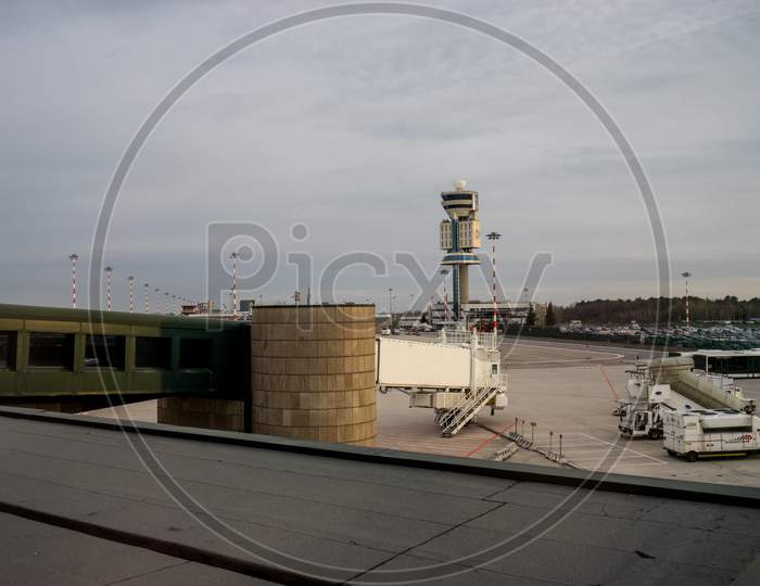 Milan Airport, Italy-April 2, 2018: Air Traffic Control Tower At The Milan Malpensa Airport