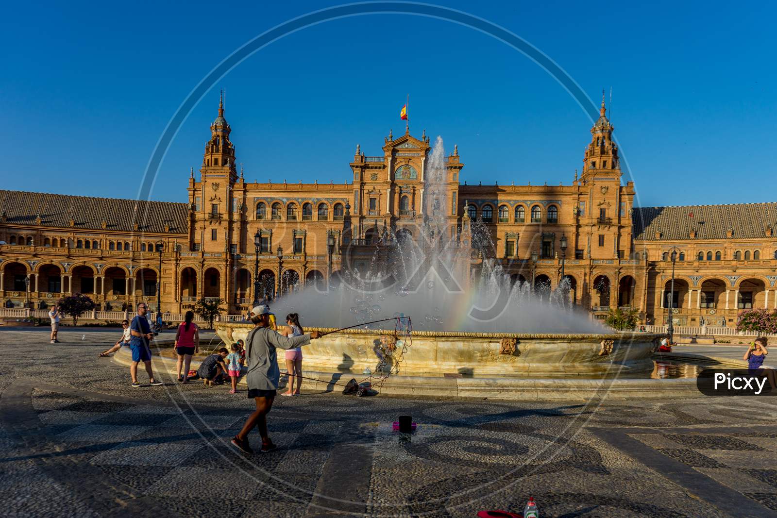 The Water Fountain At Plaza De Espana In Seville, Spain, Europe