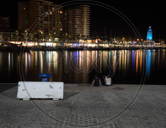 View Of Malaga City From Harbour, Malaga, Spain, Europe At Night