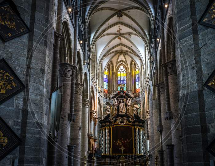 The Beautiful Ceiling In Interiors Of Saint Nicholas Church, Ghent, Belgium