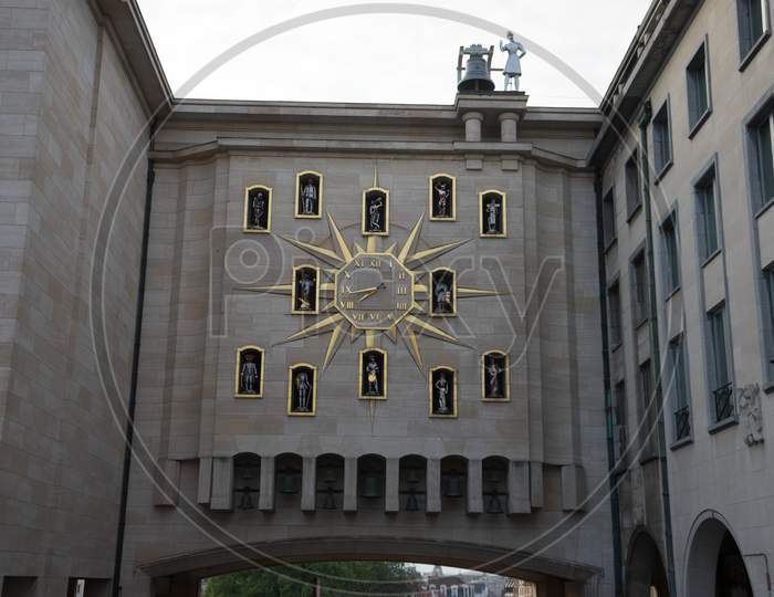 The Jacquemart And His Tenor Bell.A Clock With A Decoration Of Knights And A Bell On Top In Brussels