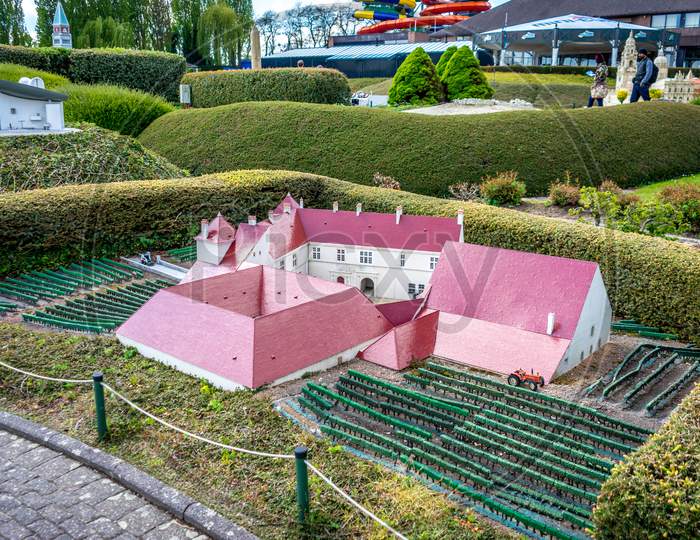 Brussels, Belgium - 17 April 2017: Miniatures At The Park Mini-Europe - Reproduction Of The Castle In Clos Vougeot, France